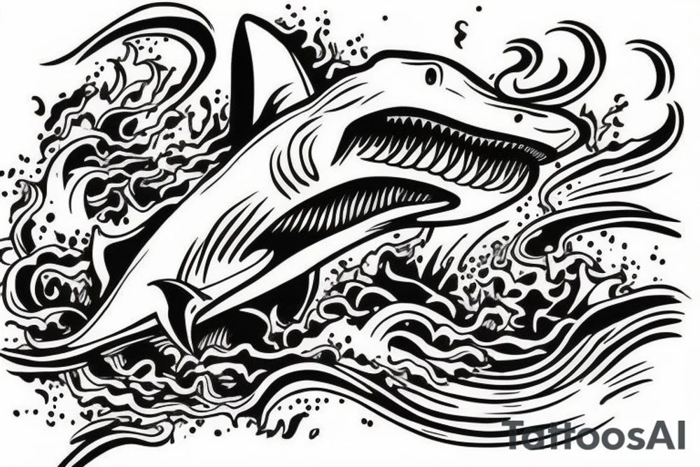 Shark jumping out of water in front of a pirate ship. The shark being the main focus tattoo idea