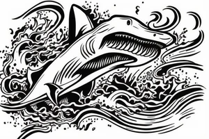 Shark jumping out of water in front of a pirate ship. The shark being the main focus tattoo idea
