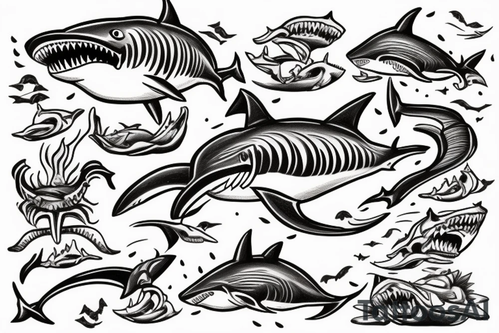 Shark jumping out of water in front of a pirate ship tattoo idea