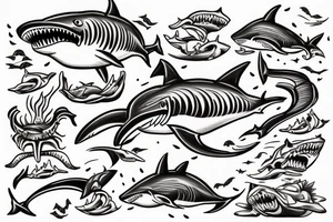 Shark jumping out of water in front of a pirate ship tattoo idea