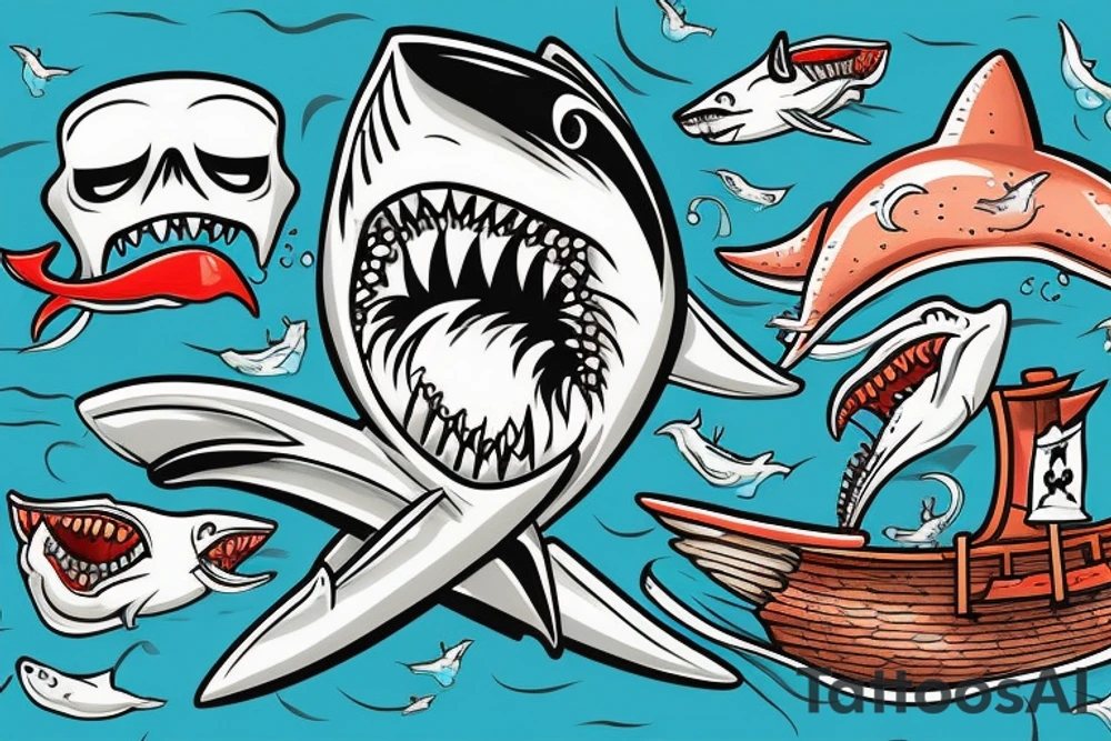 Shark jumping out of water in front of a pirate ship tattoo idea