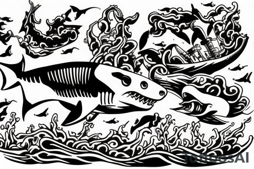 Shark jumping out of water in front of a pirate ship tattoo idea