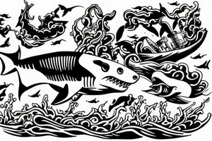 Shark jumping out of water in front of a pirate ship tattoo idea