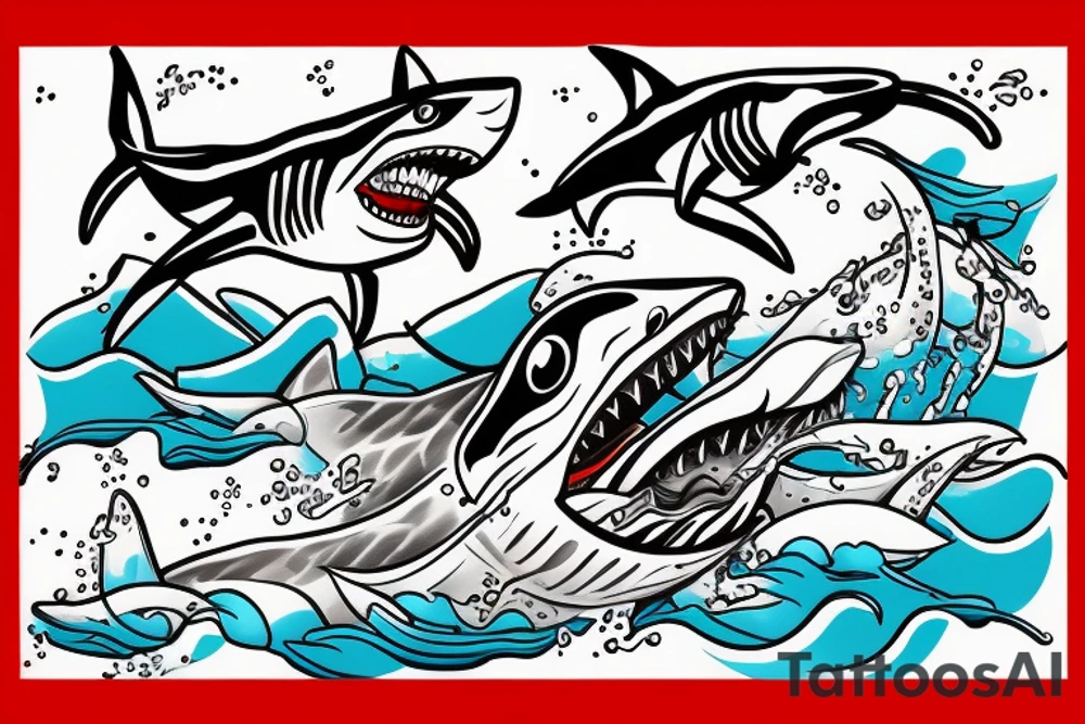 Shark jumping out of water in front of a pirate ship tattoo idea