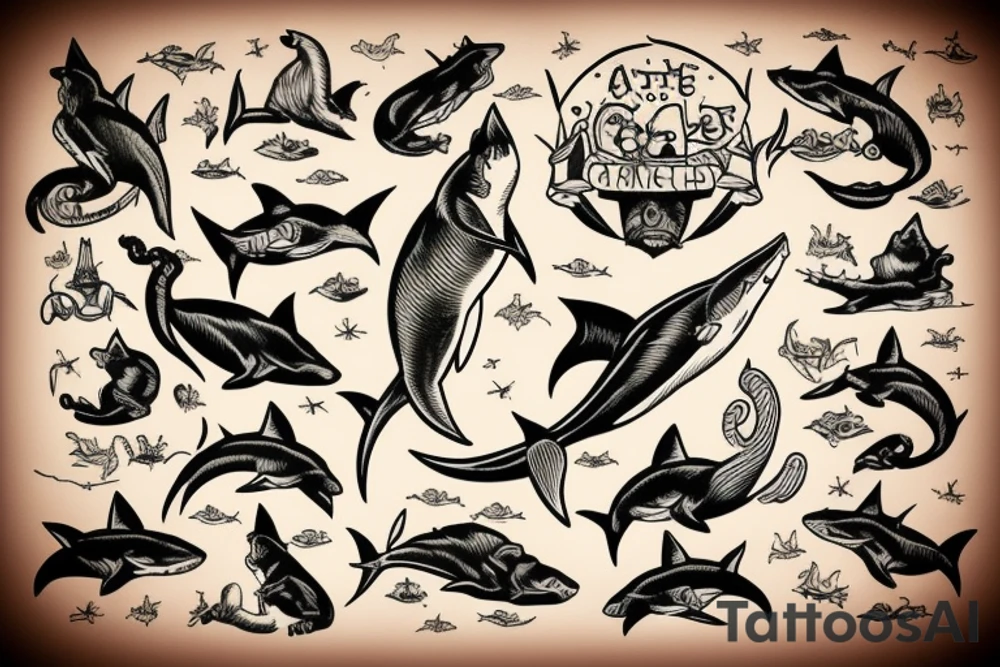 A cat riding on the back of a shark tattoo idea