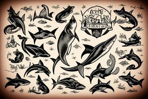 A cat riding on the back of a shark tattoo idea