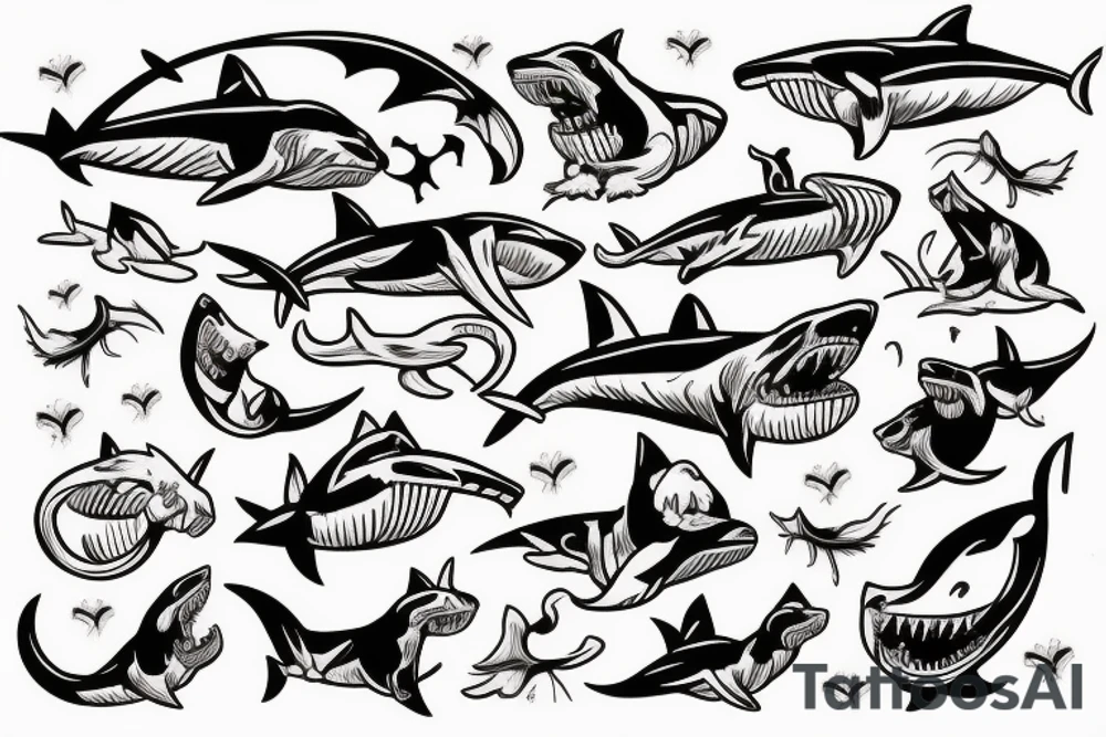 A cat riding on the back of a shark tattoo idea