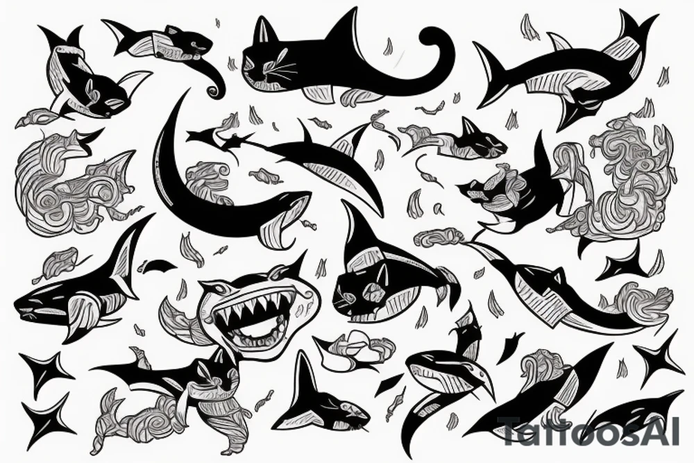 A cat riding on the back of a shark tattoo idea