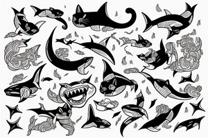 A cat riding on the back of a shark tattoo idea