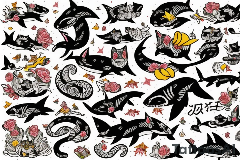 A cat riding on the back of a shark tattoo idea