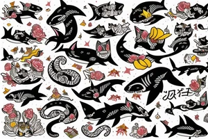 A cat riding on the back of a shark tattoo idea