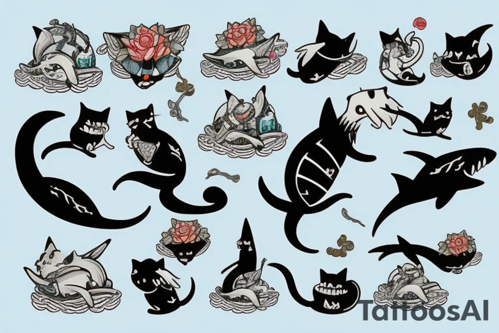 A cat riding on the back of a shark tattoo idea