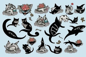 A cat riding on the back of a shark tattoo idea