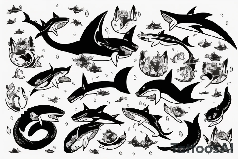 A cat riding on the back of a shark tattoo idea