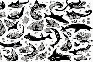 A cat riding on the back of a shark tattoo idea