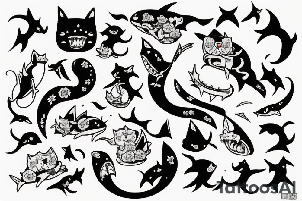A cat riding on the back of a shark tattoo idea