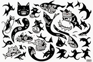 A cat riding on the back of a shark tattoo idea