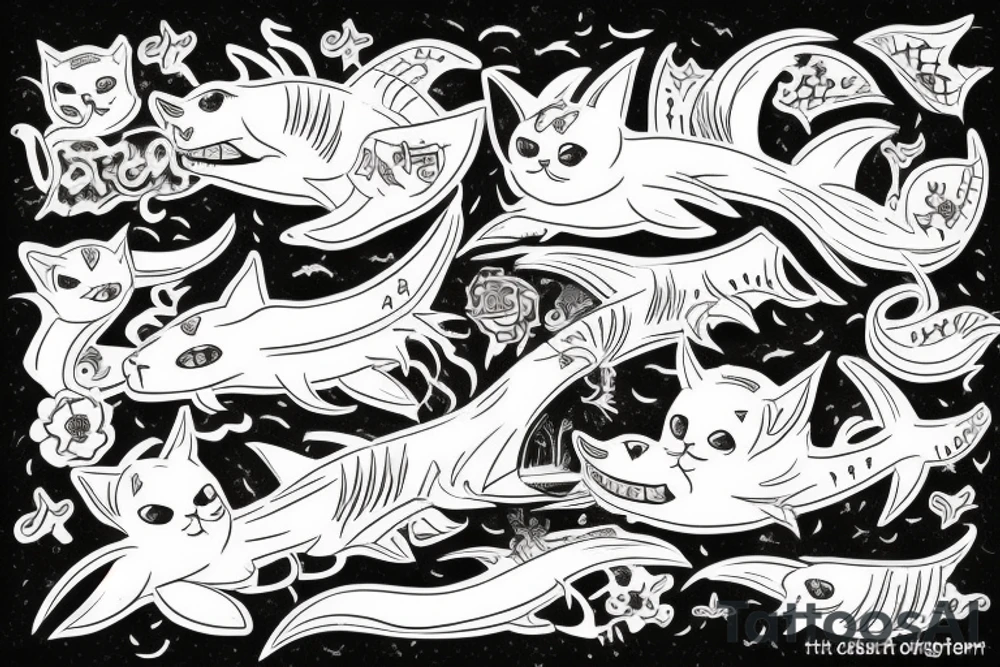 A cat riding on the back of a shark tattoo idea