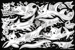 A cat riding on the back of a shark tattoo idea