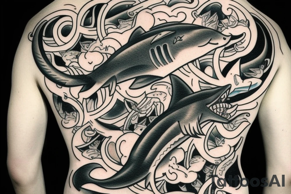 A cat riding on the back of a shark tattoo idea