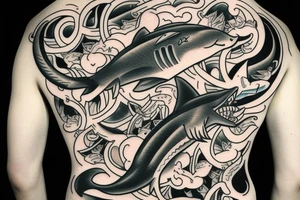 A cat riding on the back of a shark tattoo idea