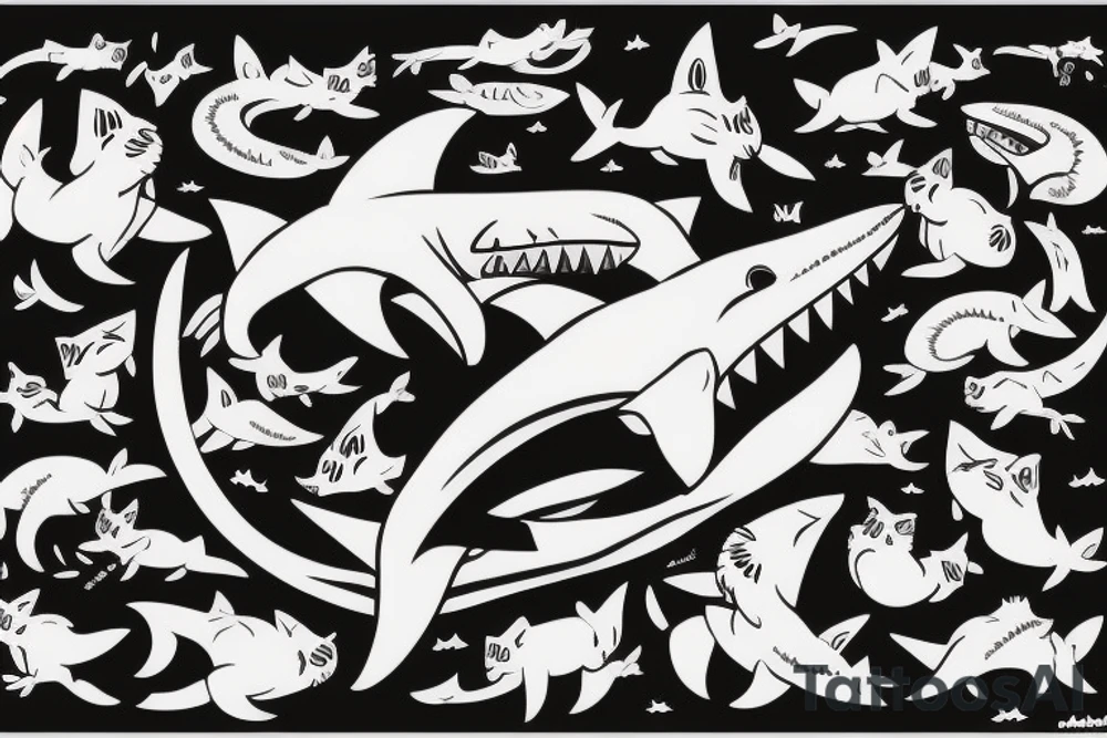 A cat riding on the back of a shark tattoo idea