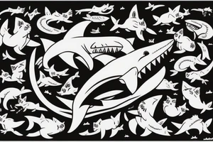 A cat riding on the back of a shark tattoo idea