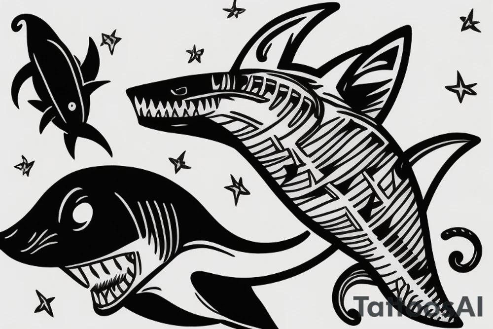 A cat riding on the back of a shark tattoo idea
