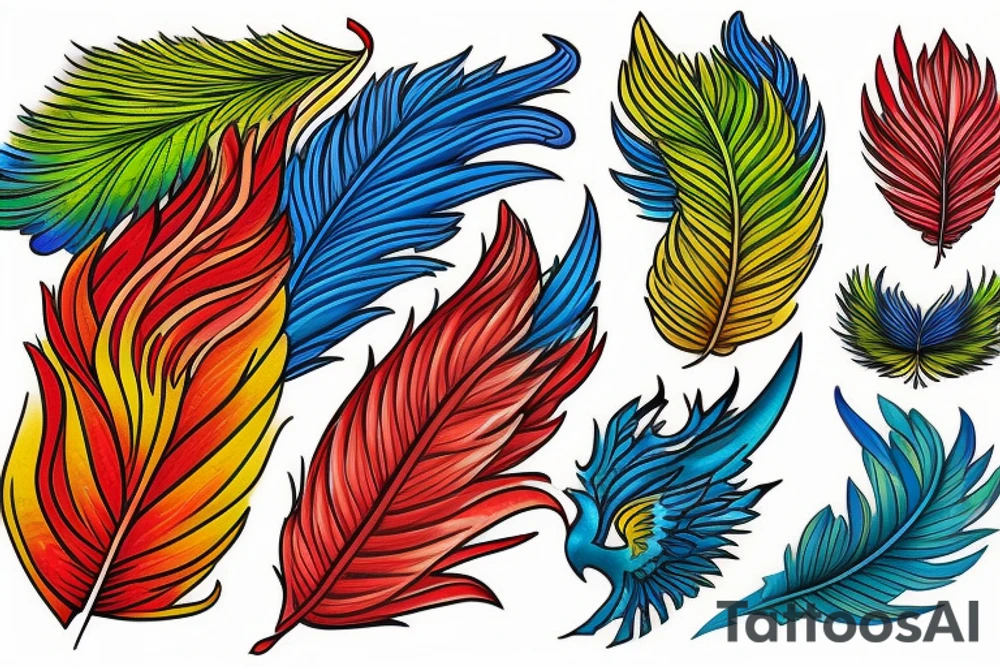 Red and yellow phoenix with tale full of flames and peacock feathers in green and blue tattoo idea