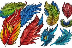 Red and yellow phoenix with tale full of flames and peacock feathers in green and blue tattoo idea