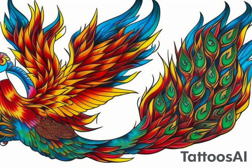 Red and yellow phoenix with tale full of flames and peacock feathers in green and blue tattoo idea