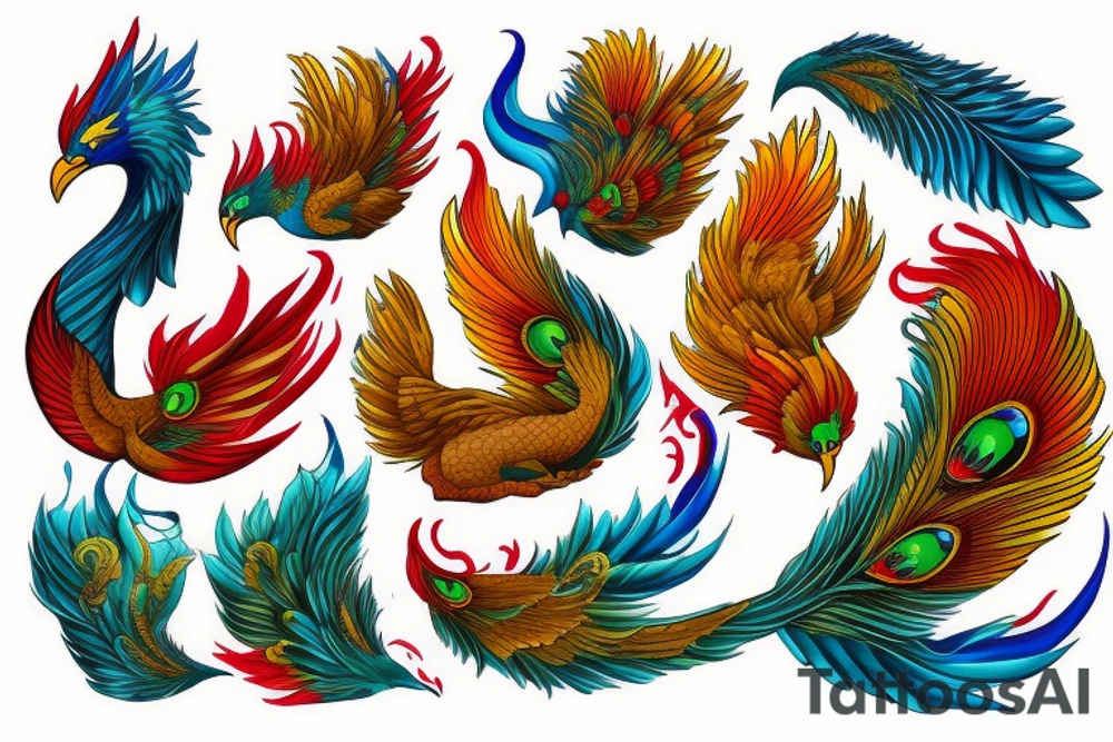 Red and yellow phoenix with tale full of flames and peacock feathers in green and blue tattoo idea
