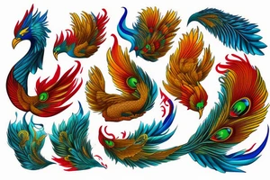 Red and yellow phoenix with tale full of flames and peacock feathers in green and blue tattoo idea