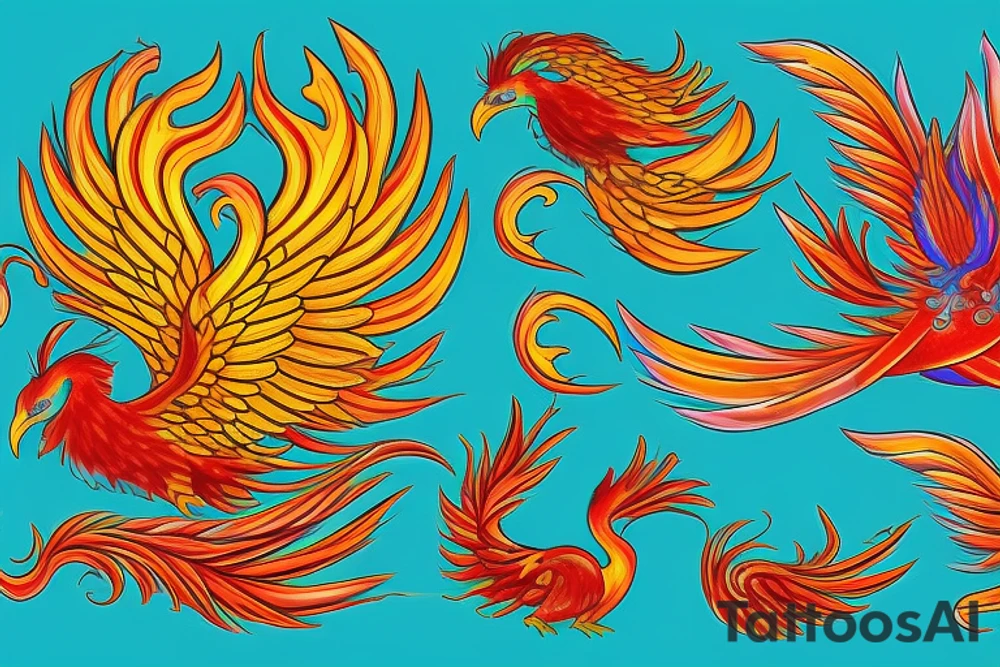 Red and yellow phoenix with tale full of flames and peacock feathers in green and blue tattoo idea