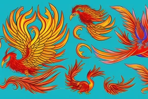 Red and yellow phoenix with tale full of flames and peacock feathers in green and blue tattoo idea
