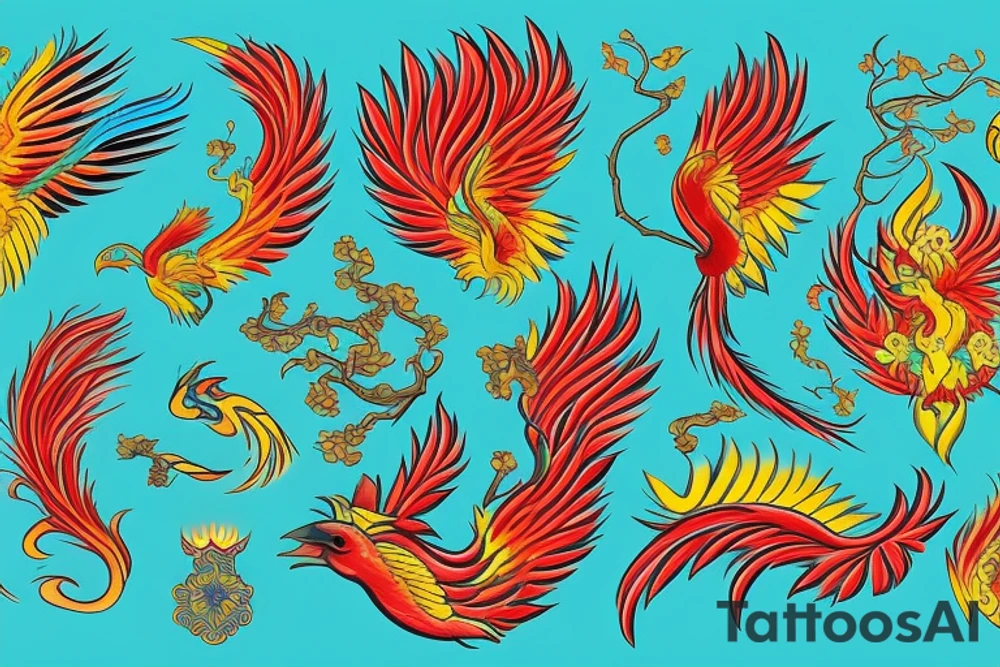 Red and yellow phoenix with tale full of flames and peacock feathers in green and blue tattoo idea