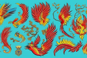 Red and yellow phoenix with tale full of flames and peacock feathers in green and blue tattoo idea