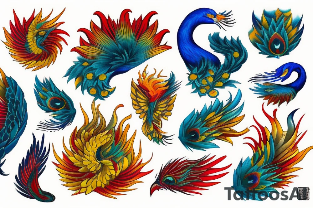 Red and yellow phoenix with tale full of flames and peacock feathers in green and blue tattoo idea