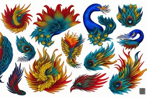 Red and yellow phoenix with tale full of flames and peacock feathers in green and blue tattoo idea