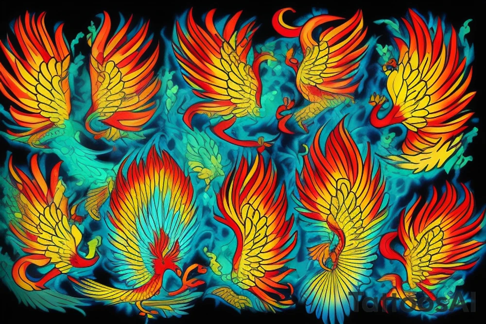 Red and yellow phoenix with tale full of flames and peacock feathers in green and blue tattoo idea