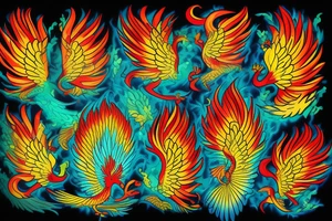 Red and yellow phoenix with tale full of flames and peacock feathers in green and blue tattoo idea
