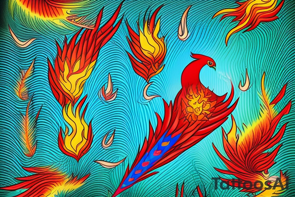 Red and yellow phoenix with tale full of flames and peacock feathers in green and blue tattoo idea