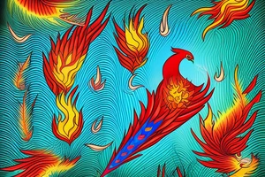 Red and yellow phoenix with tale full of flames and peacock feathers in green and blue tattoo idea