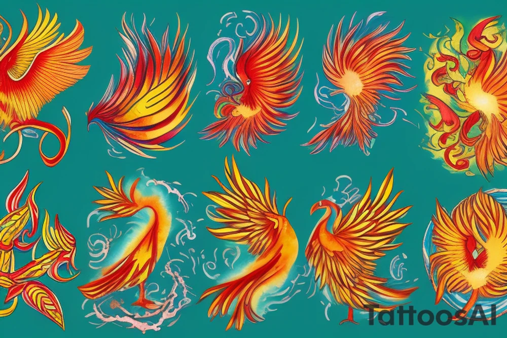 Red and yellow phoenix with tale full of flames and peacock feathers in green and blue tattoo idea