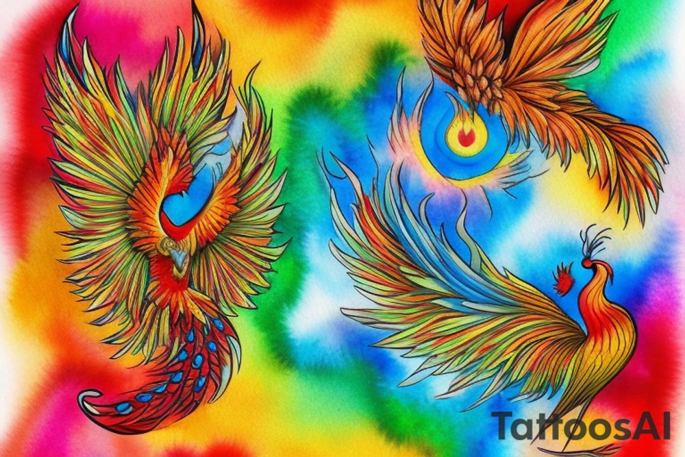 Red and yellow phoenix with tale full of flames and peacock feathers in green and blue tattoo idea