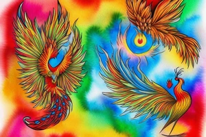 Red and yellow phoenix with tale full of flames and peacock feathers in green and blue tattoo idea