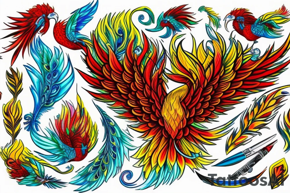 Red and yellow phoenix with tale full of flames and peacock feathers in green and blue tattoo idea