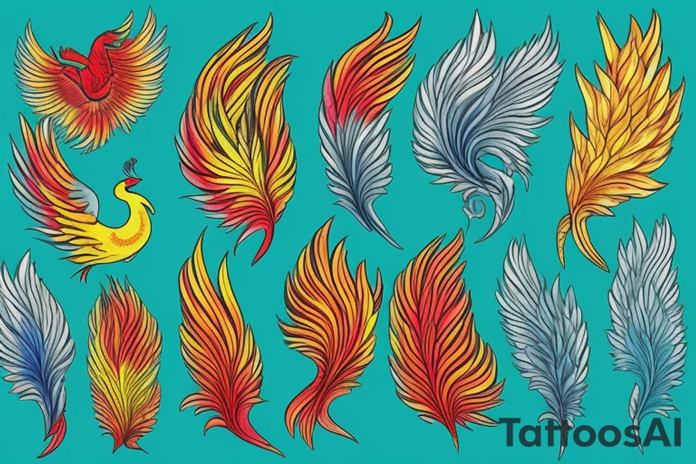 Red and yellow phoenix with tale full of flames and peacock feathers in green and blue tattoo idea