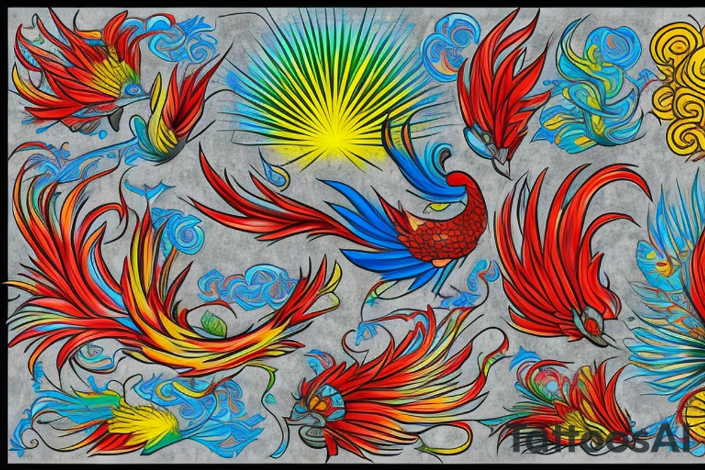 Red and yellow phoenix with tale full of flames and peacock feathers in green and blue tattoo idea