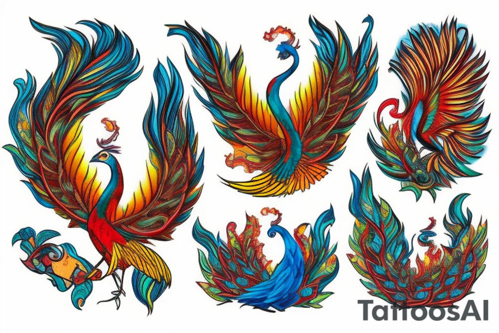 Red and yellow phoenix with tale full of flames and peacock feathers in green and blue tattoo idea